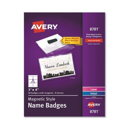 Avery Dennison MAGNETIC STYLE NAME BADGE KIT, HORIZONTAL, 4in X 3in, WHITE, 48PK 8781